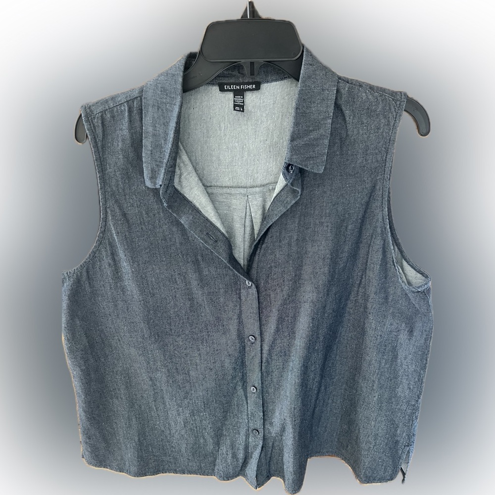 Eileen Fisher Women's Sleeveless Lightweight Denim Like Top -Blue Grey